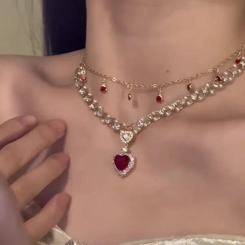 Red Heart-shaped Pearl Double-layered Necklace Creative Princess's Necklace Light Luxury and High-end New Year Collarbone Chain Peaceful Pleasures Health and Wellness