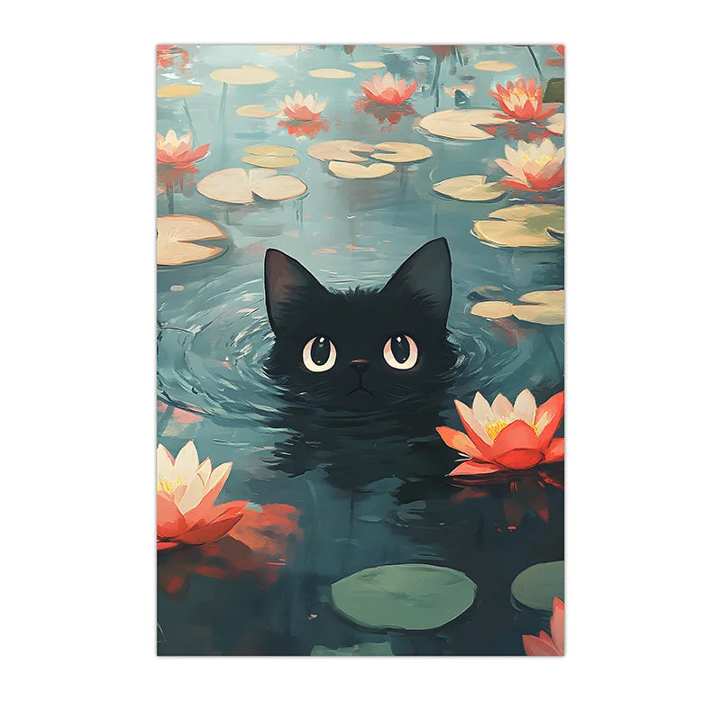 Vintage Animal Wall Art, Impressionist Water Lily Cat Canvas Painting, Nordic Poster Print for Bedroom Living Room Wall Decor Peaceful Pleasures Health and Wellness 02 30x40cm No Frame China Mainland
