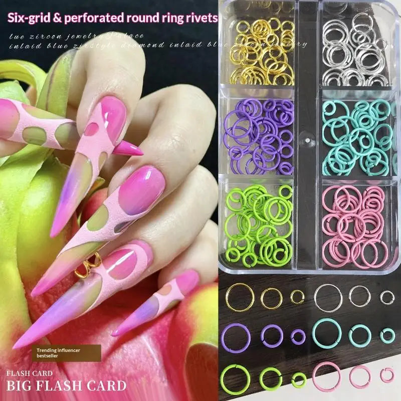 6-Grid Dopamine Nail Art Rings – Mixed Metal Rivets & Charms