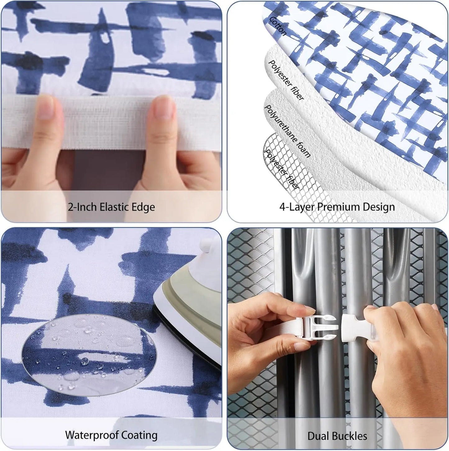 Product features including 2-inch elastic edge, 4-layer premium design, waterproof coating, and dual buckles.