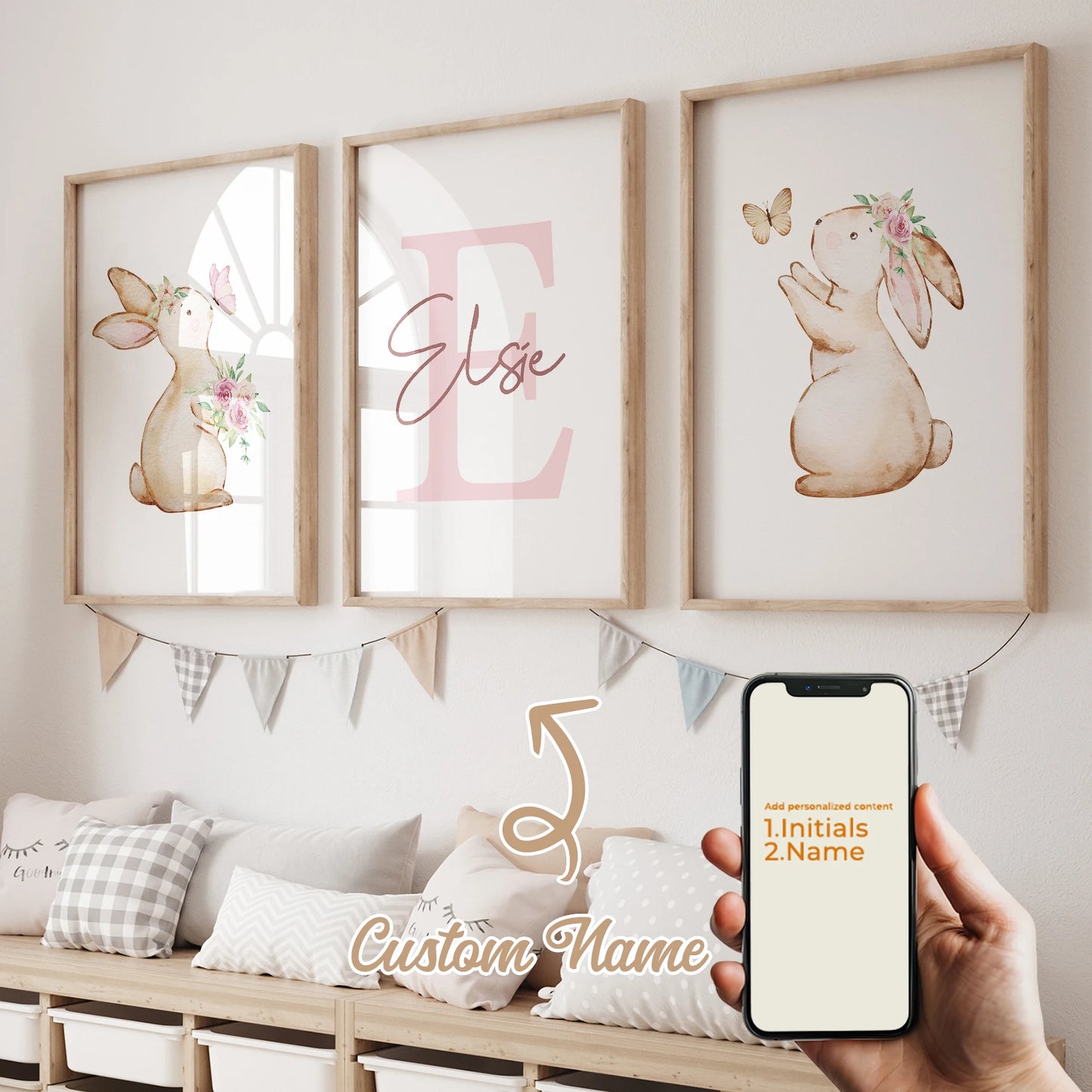 3-Piece Personalized Butterfly Rabbit Canvas Wall Art Kids Decor