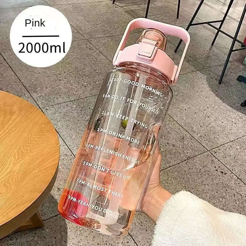 2L Portable Water Bottle Large Capacity Plastic Straw Water Cup Drink Bottle with Time Marker for Outdoor Sports Fitness Hot Peaceful Pleasures Health and Wellness pink 2.0L