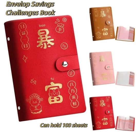 Chinese New Year Money Savings Challenge Binder PU Leather Storage Envelop Savings Challenges Book God of Wealth Style Peaceful Pleasures Health and Wellness