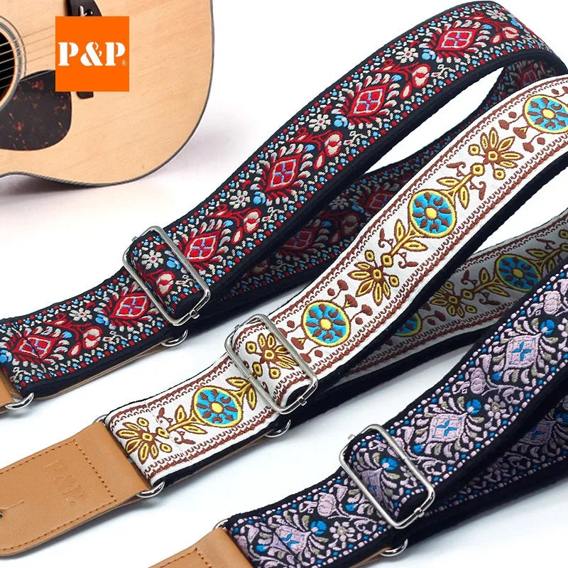 Guitar Strap Embroidered Belt Adjustable Jacquard Band Cotton Leather