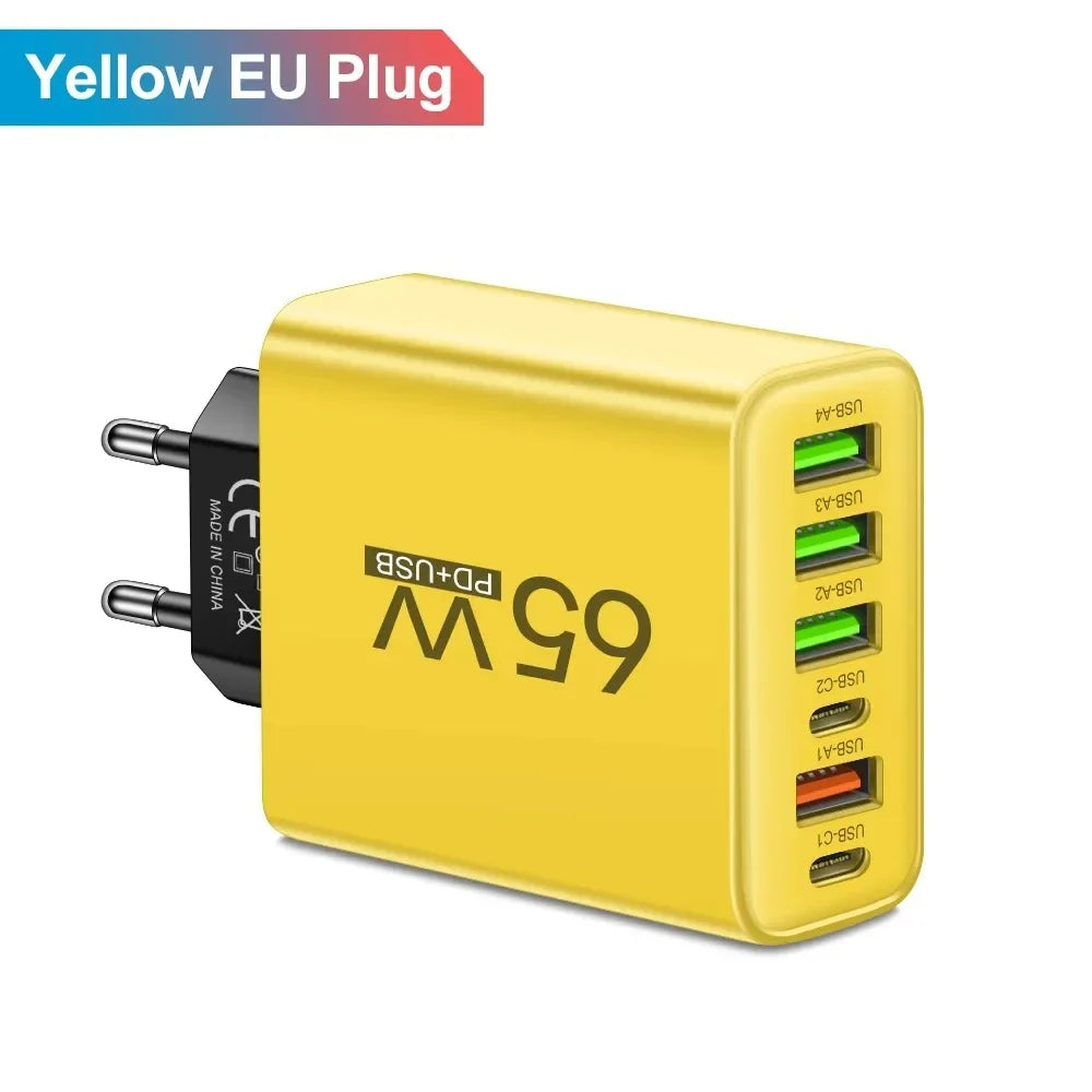 65W 6-Port USB-C Fast Charger | QC 3.0 & PD Multi-Device