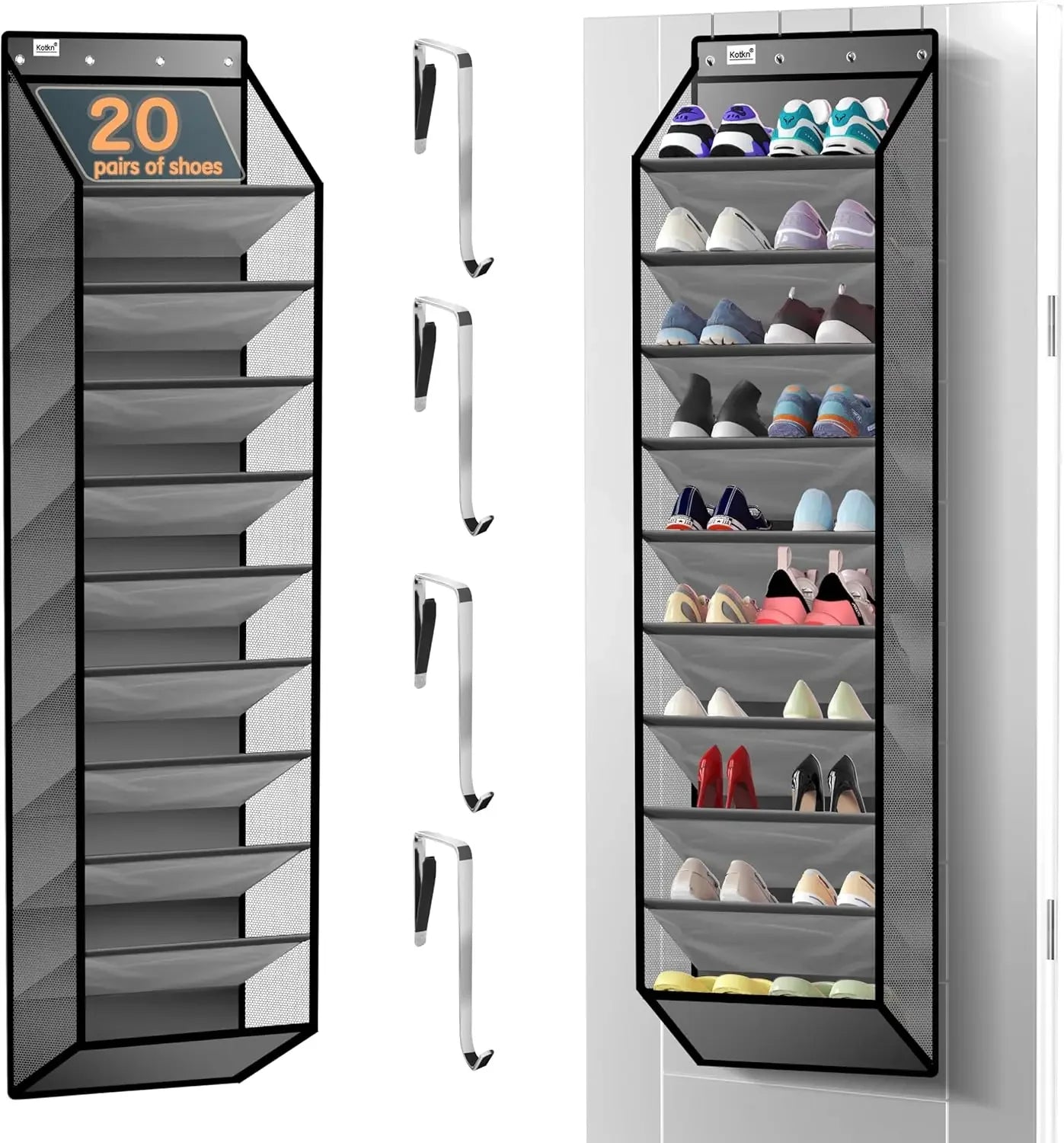 10-Tier Over-Door Shoe Organizer with Heavy-Duty Oxford Fabric, Holds 20+ Pairs, Saves Closet Space (Gray) Peaceful Pleasures Health and Wellness United States