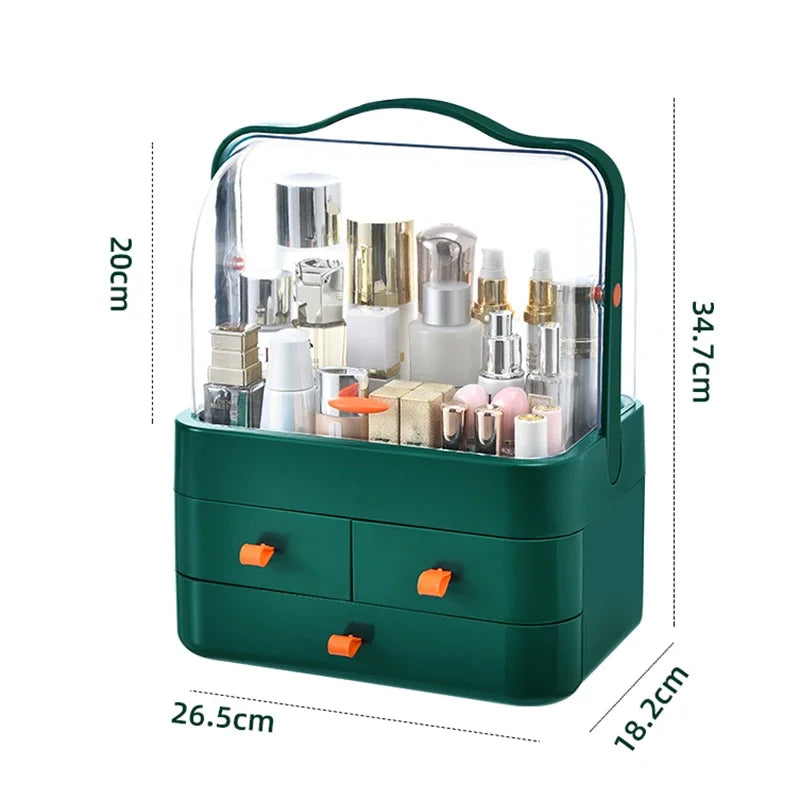 Cosmetics Receiving Box Dust-Proof Desktop Makeup Organizer with Drawer for Skin Care Products Household Storage Box Shelf Peaceful Pleasures Health and Wellness green