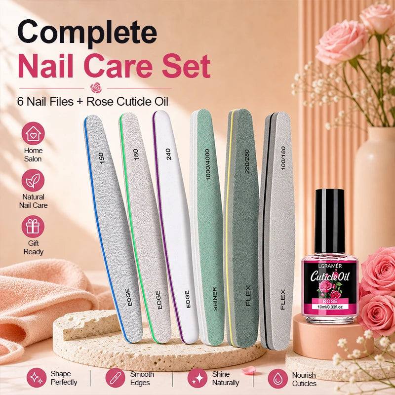 Professional Nail File Nail Buffer & Cuticle Oil Kit, Multi-functional Tools for Shaping, Buffing, Polishing and Hydrating 7pcs Peaceful Pleasures Health and Wellness