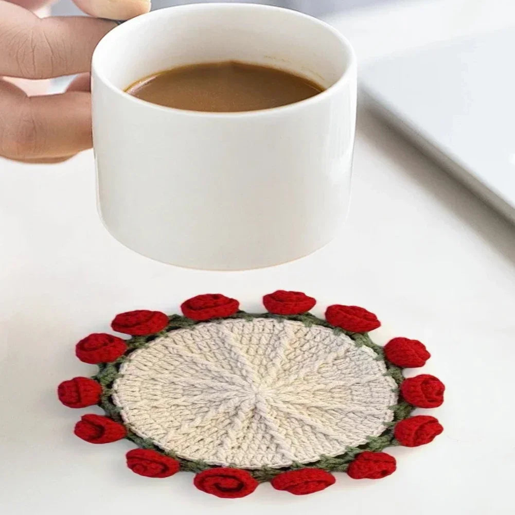 Hand Crochet Rose Flower Coasters | Heat Resistant Wool Mat Set
