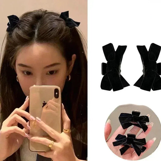 2pcs Black Bow Small Grab Clip Women's Autumn And Winter Vintage Velvet Bangle Clip Hair Clip Style Princess Hair Clip Headwear Peaceful Pleasures Health and Wellness