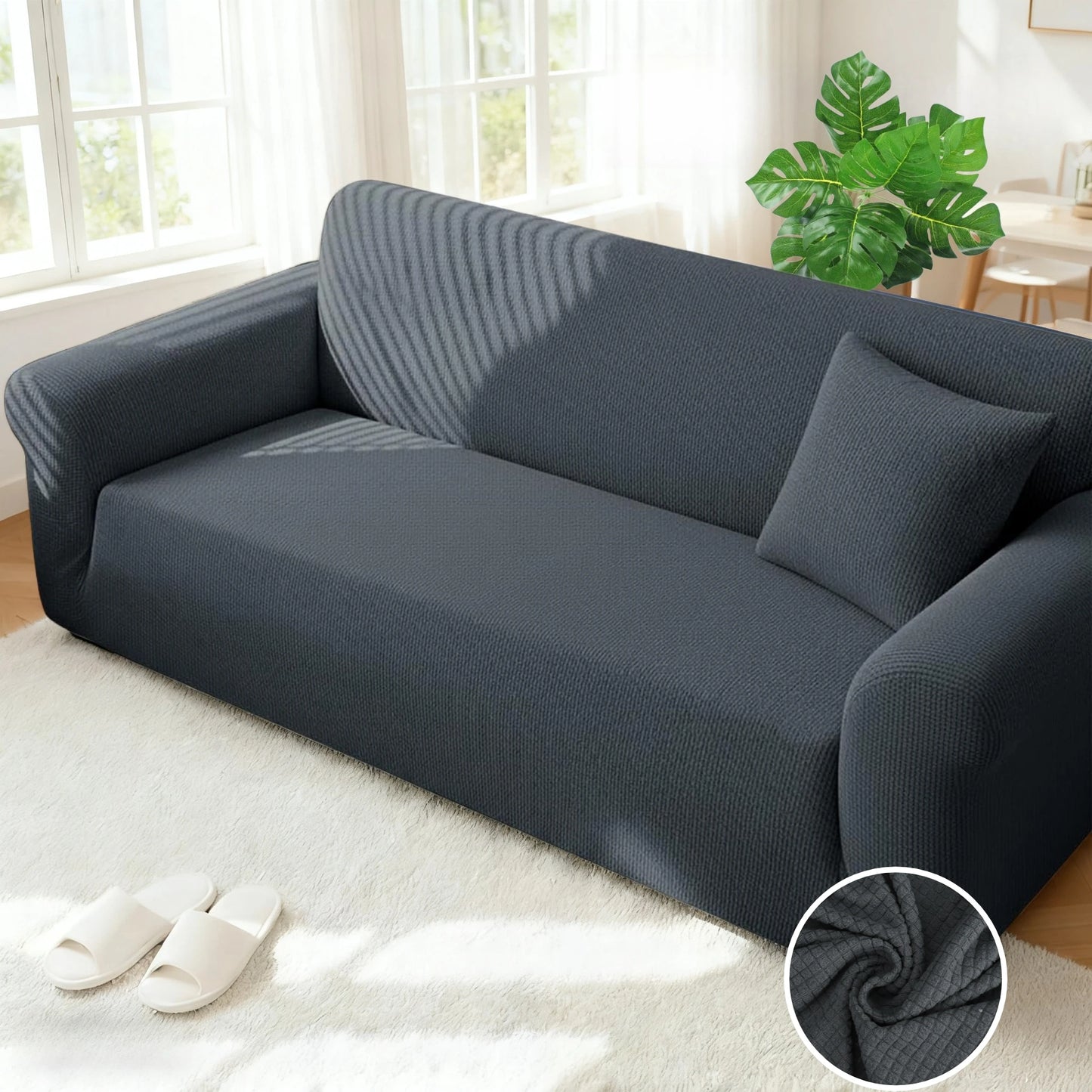 Jacquard Sofa Cover For Living Room Elastic Thick Jacquard Sofa Cover For L-shaped Corner Sofa Cover 1/2/3Seater with Pillowcase Peaceful Pleasures Health and Wellness Dark Grey Mini Grid 1 Seater 90-140cm