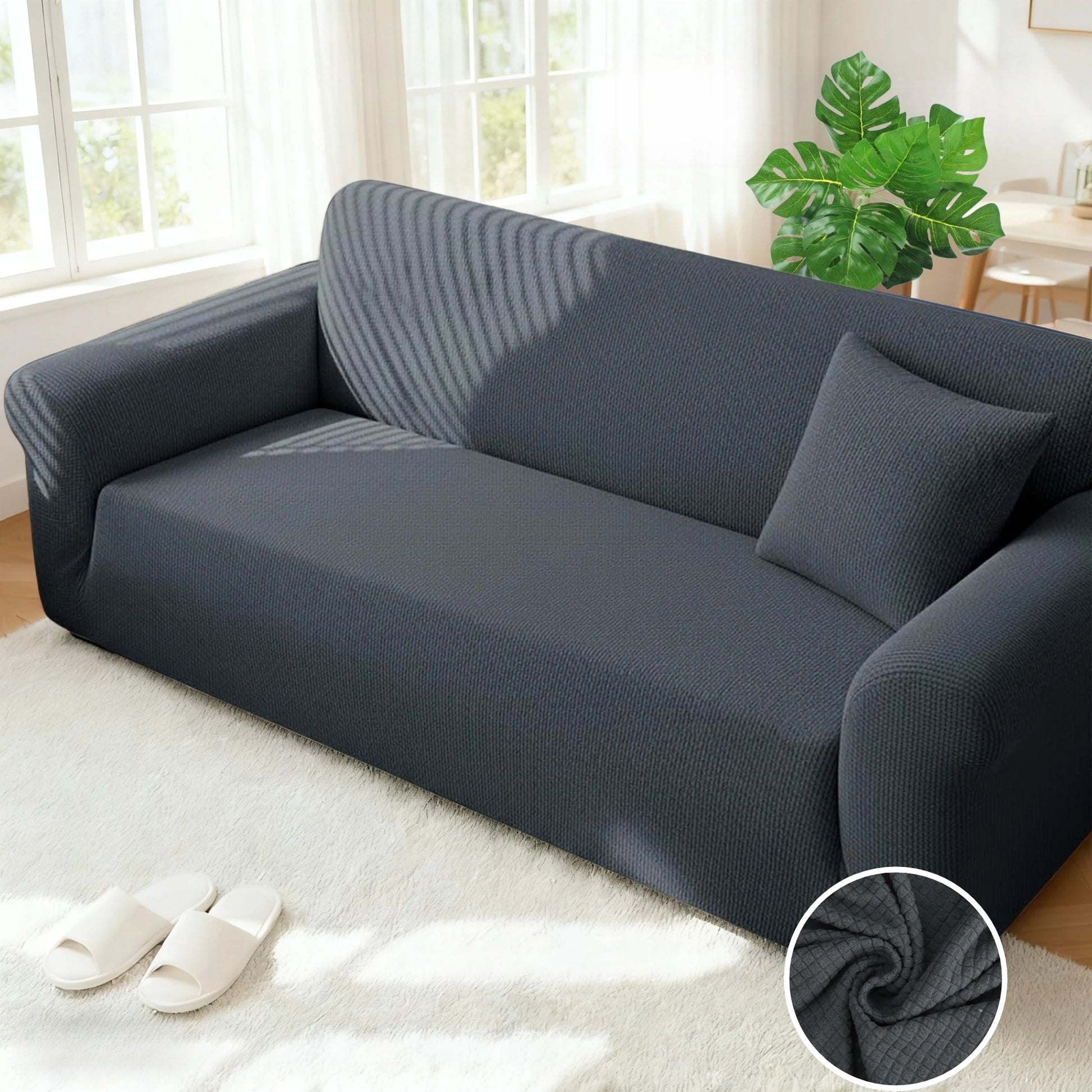 Jacquard Sofa Cover For Living Room Elastic Thick Jacquard Sofa Cover For L-shaped Corner Sofa Cover 1/2/3Seater with Pillowcase Peaceful Pleasures Health and Wellness Dark Grey Mini Grid 1 Seater 90-140cm