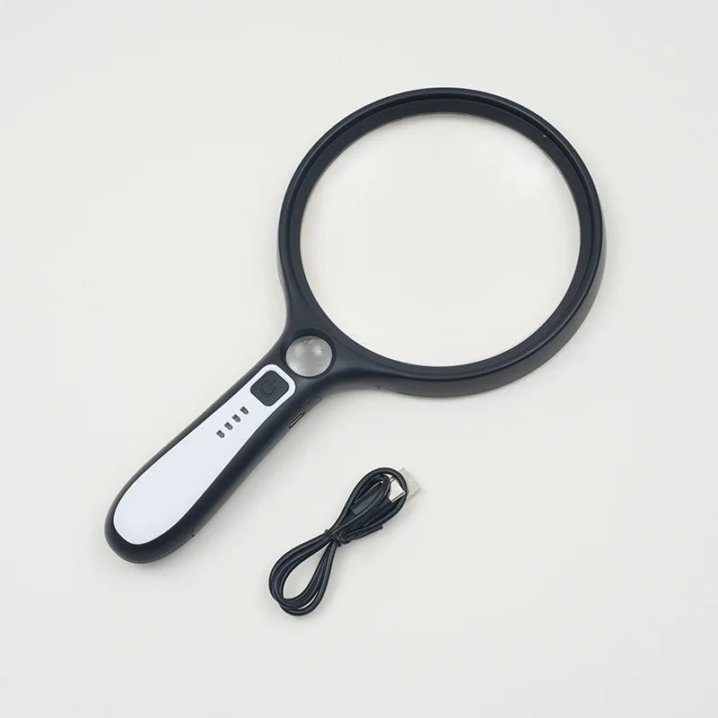Handheld Magnifier Led-Lit 10X 130Mm Large Mirror Reading, Repair, and Charging Magnifier for The Elderly Peaceful Pleasures Health and Wellness gray