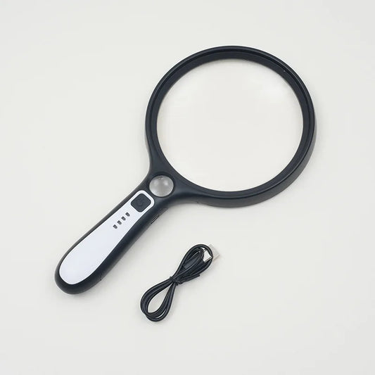 Handheld Magnifier Led-Lit 10X 130Mm Large Mirror Reading, Repair, and Charging Magnifier for The Elderly Peaceful Pleasures Health and Wellness gray