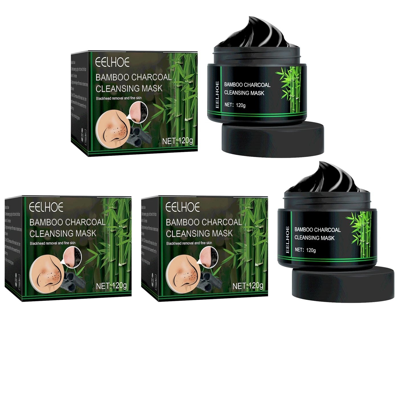 EELHOE Bamboo Charcoal Tear-Off Mask Deeply Remove Blackheads Cleaning Shrinking Pores Moisturizing Carbon Black Mud Facial Mask Peaceful Pleasures Health and Wellness 3 x 120g Boxed