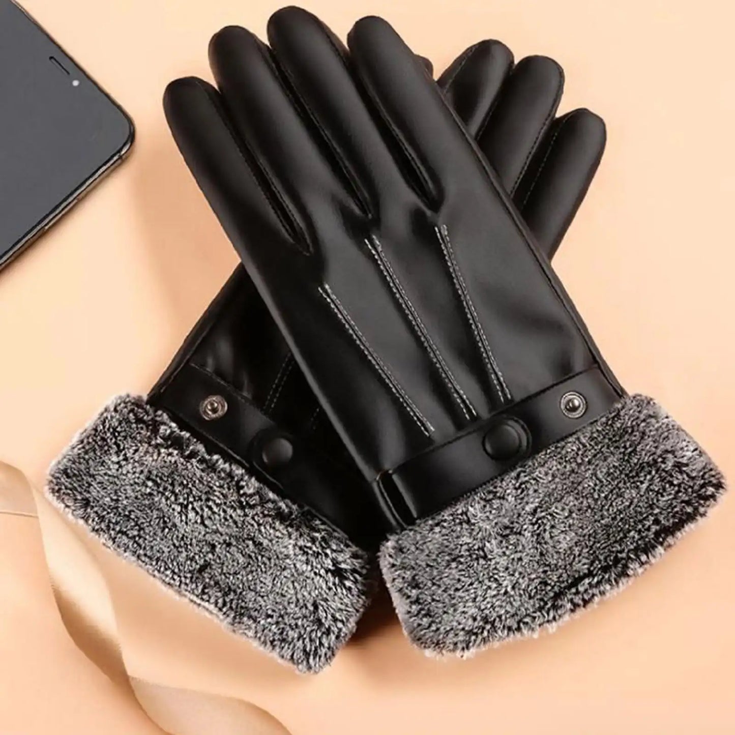 Winter Warm Fur Plush Gloves for Men Women, PU Leather Driving Gloves Windproof Non-Slip Thermal Cycling Motorcycle Gloves Peaceful Pleasures Health and Wellness
