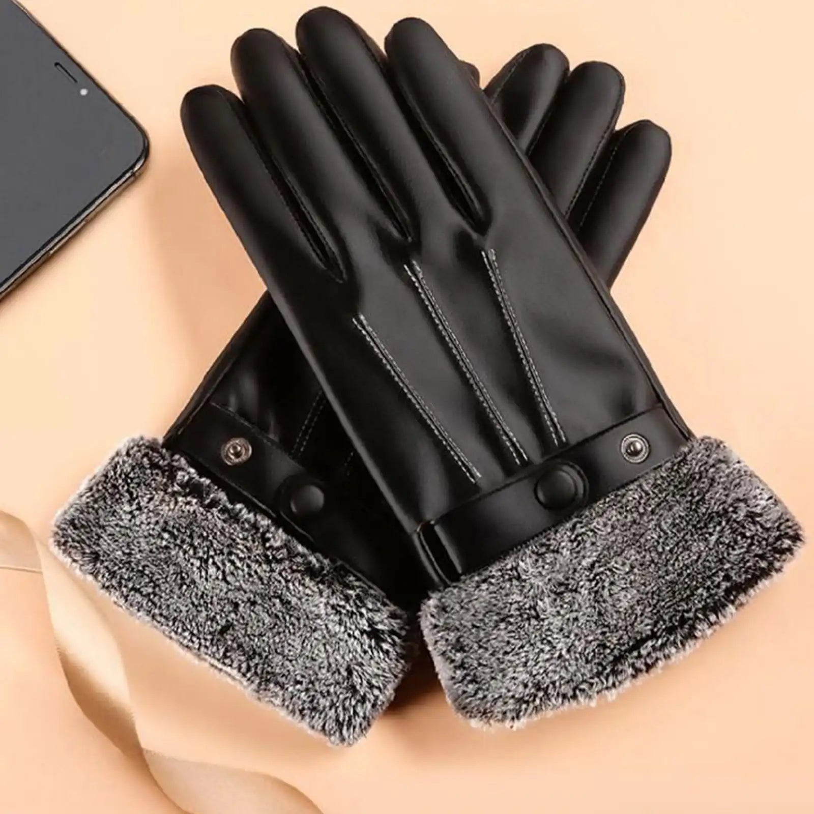 Winter Warm Fur Plush Gloves for Men Women, PU Leather Driving Gloves Windproof Non-Slip Thermal Cycling Motorcycle Gloves Peaceful Pleasures Health and Wellness
