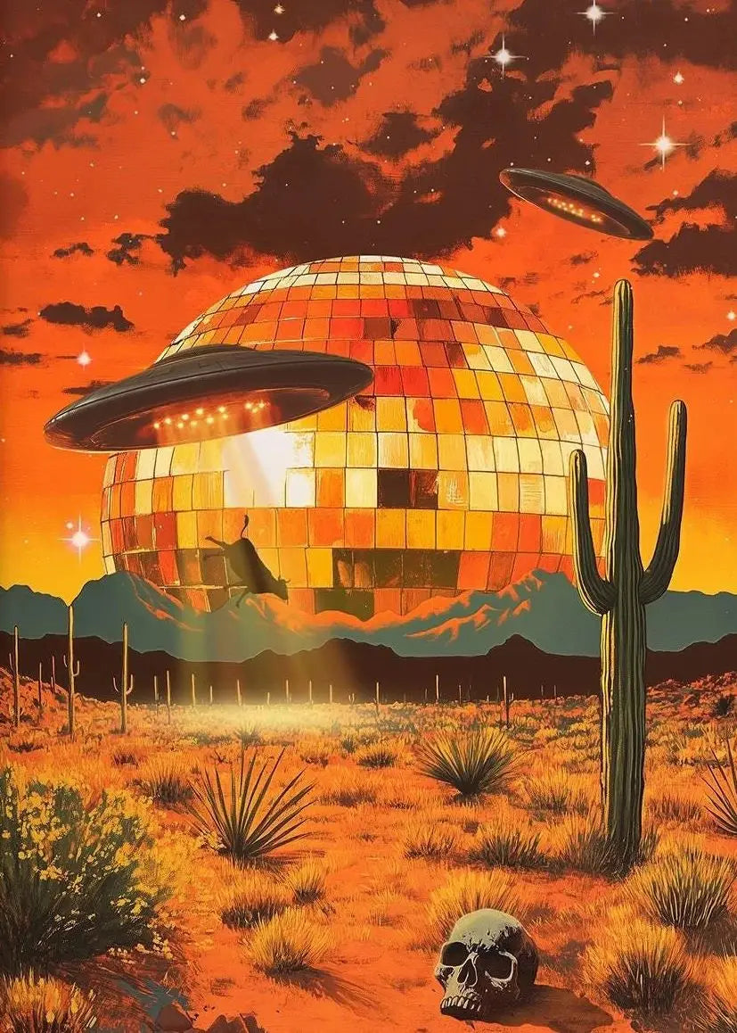 Retro UFO Alien Cow Canvas Poster Disco Ball Cactus Landscape Trippy Wall Art Surreal Aesthetic Home Decor Mural Peaceful Pleasures Health and Wellness 17 30x40cm Unframed
