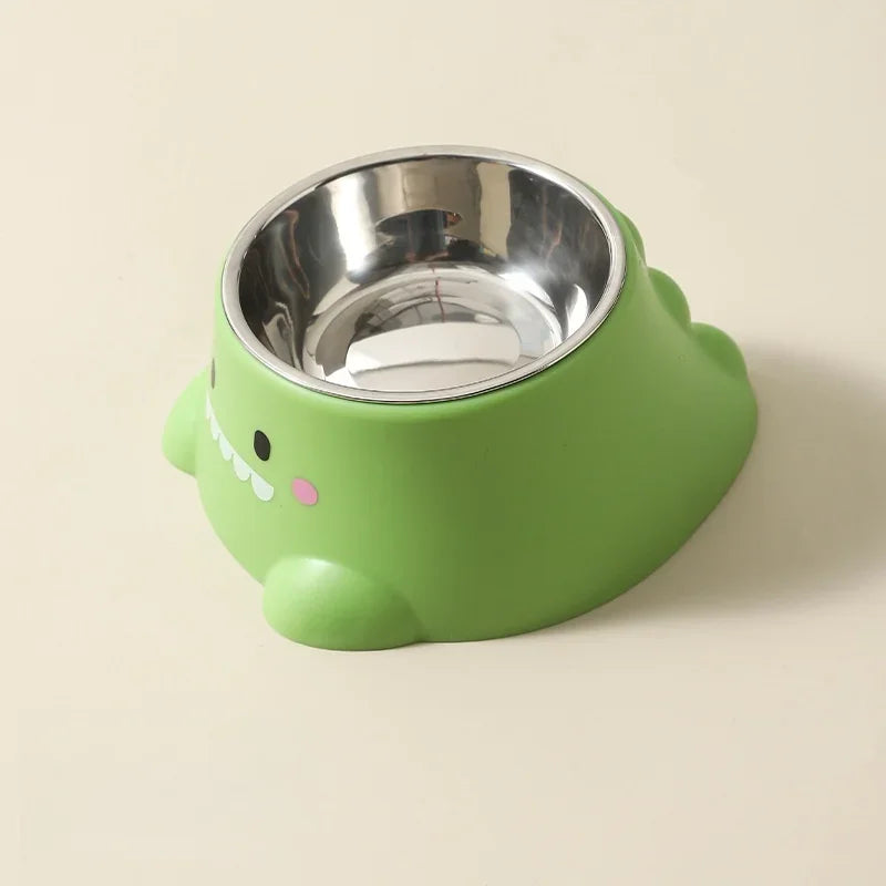 Cartoon Dinosaur Elevated Tilted Pet Bowl | Stainless Steel