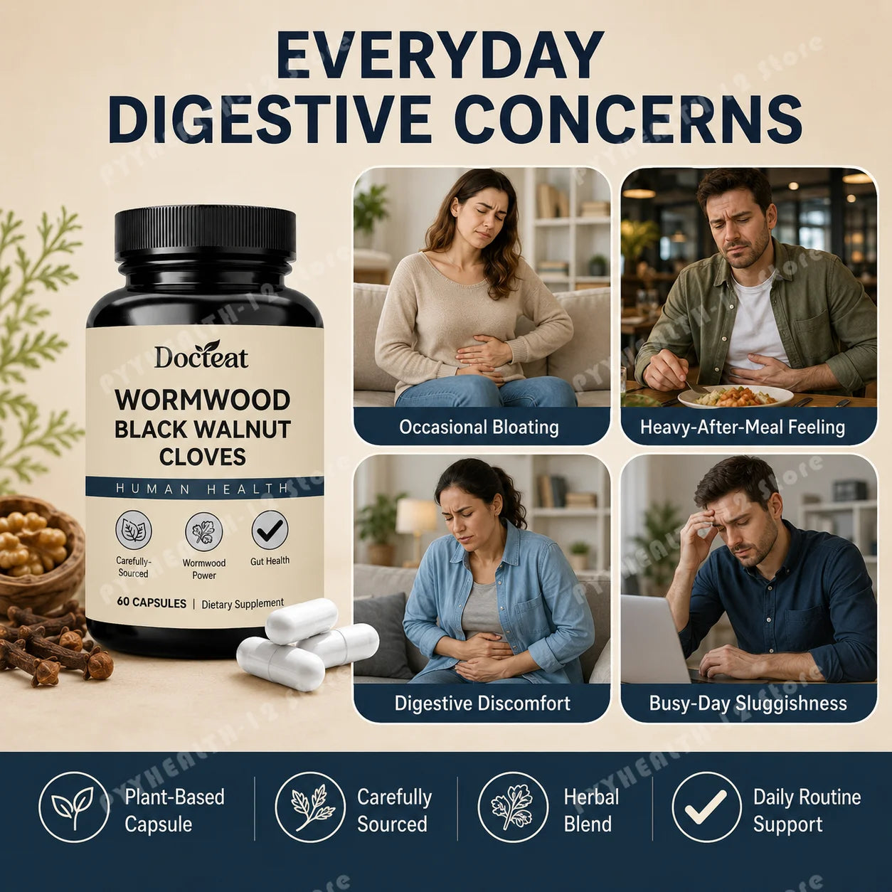 Wormwood Black Walnut Cloves Capsules 60ct – Herbal Digestive Herbal Supplement Capsules Peaceful Pleasures Health and Wellness