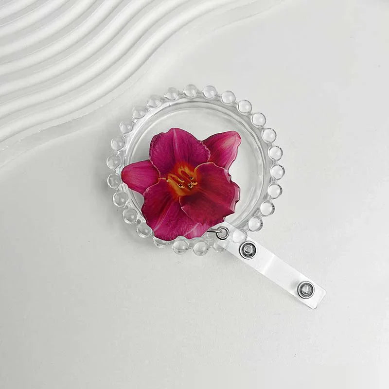 Flower Acrylic Bag Charm | Alligator Clip Retractable ID Holder