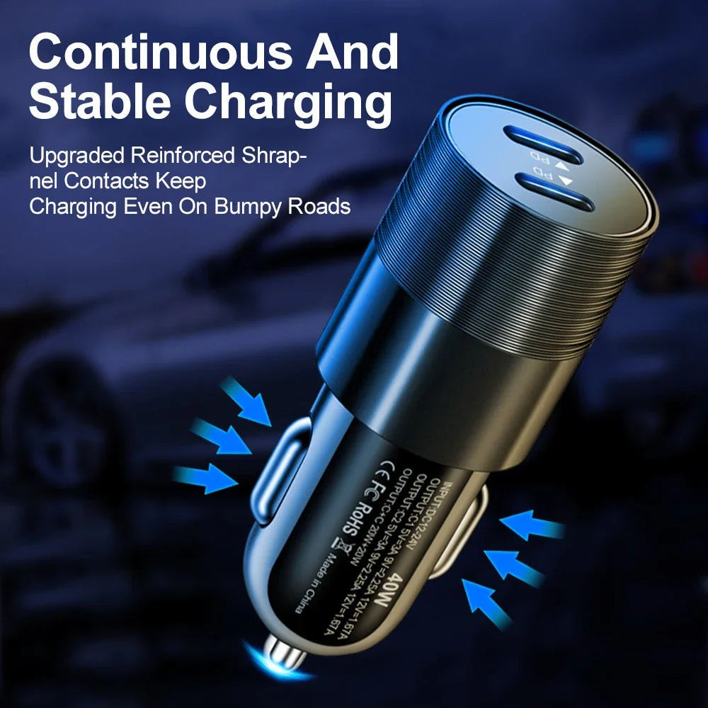 40W Dual USB-C PD Fast Car Charger – iPhone & Android