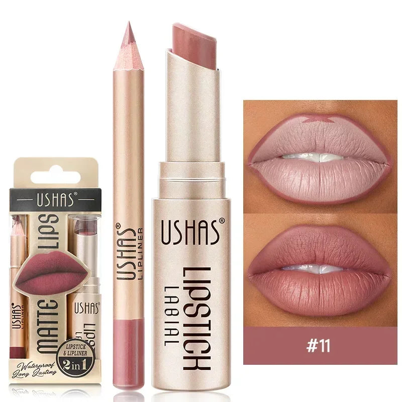 Professional 2 In 1 Lip Liner Lipstick Set Matte Finish High Pigment Long Lasting Waterproof Sweatproof Cosmetic Beauty Makeup Peaceful Pleasures Health and Wellness S11