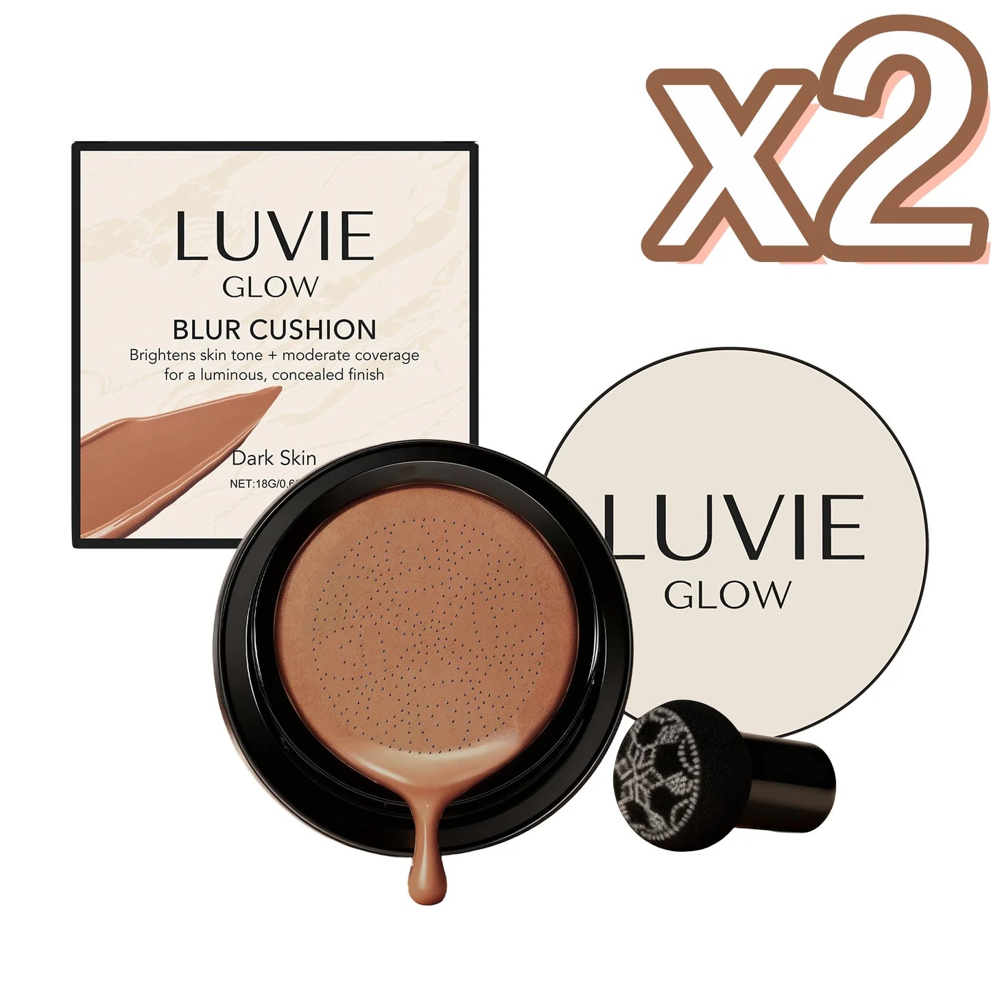 Long-Lasting Air Cushion Foundation Natural Coverage Blemishes Smooth Brightening Skin Oil Control Sweatproof Facial Base Makeup Peaceful Pleasures Health and Wellness Dark Skin Tone x 2
