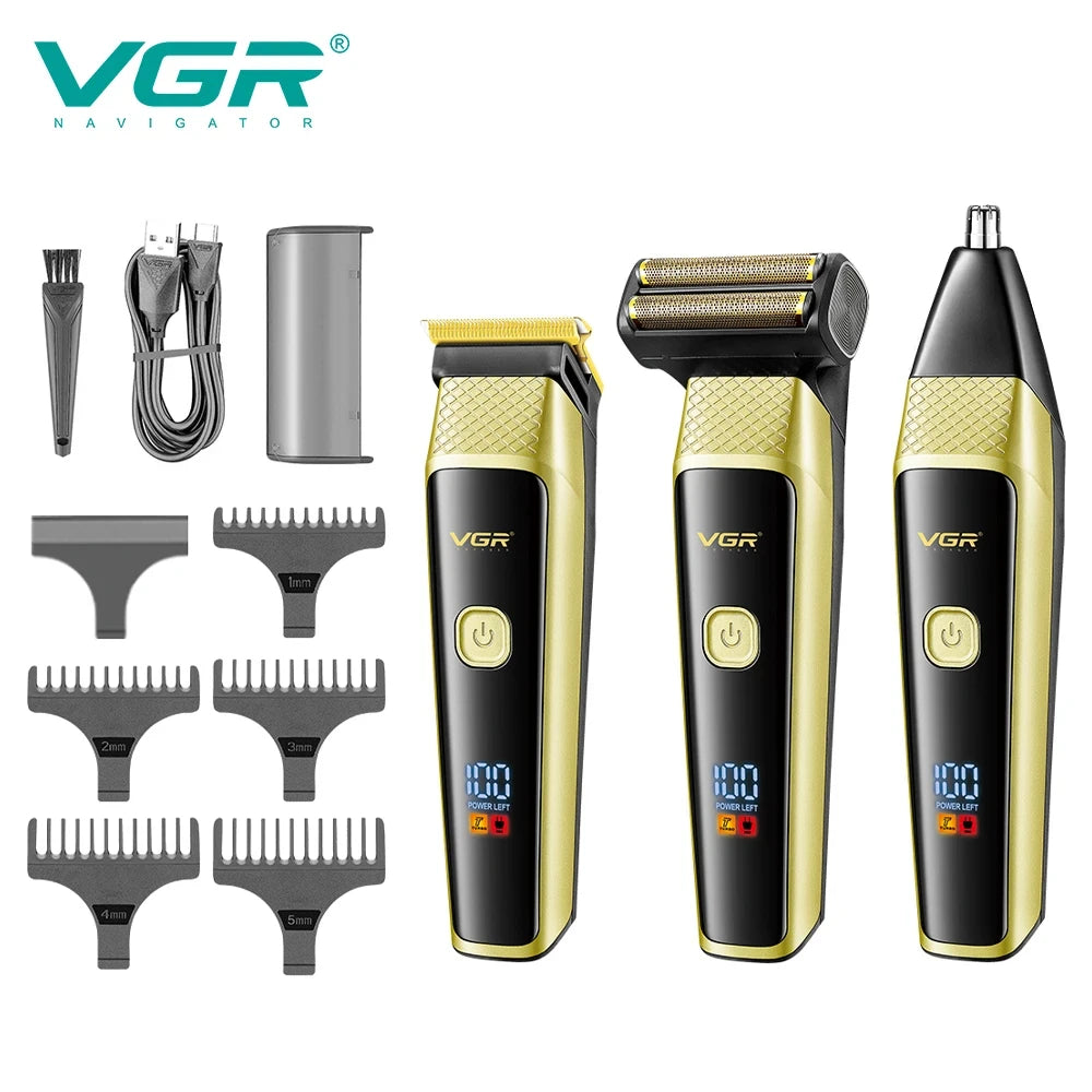 VGR 3-in-1 Hair Trimming Set Electric Hair Clipper Nose Hair Trimmer Men's Shaver Cleaning and Hair Removal Machine V-366 Peaceful Pleasures Health and Wellness USB
