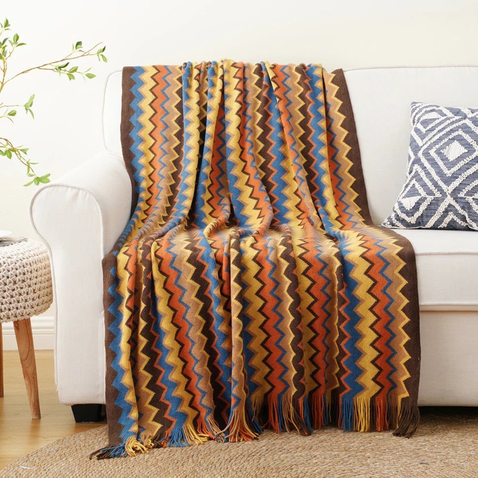 Battilo Boho Throw Blanket Lightweight Knit Throw With Tassels Bohemian woven Sofa Blankets Soft Bed Plaid Decorative Blanket Peaceful Pleasures Health and Wellness Orange 130x200cm