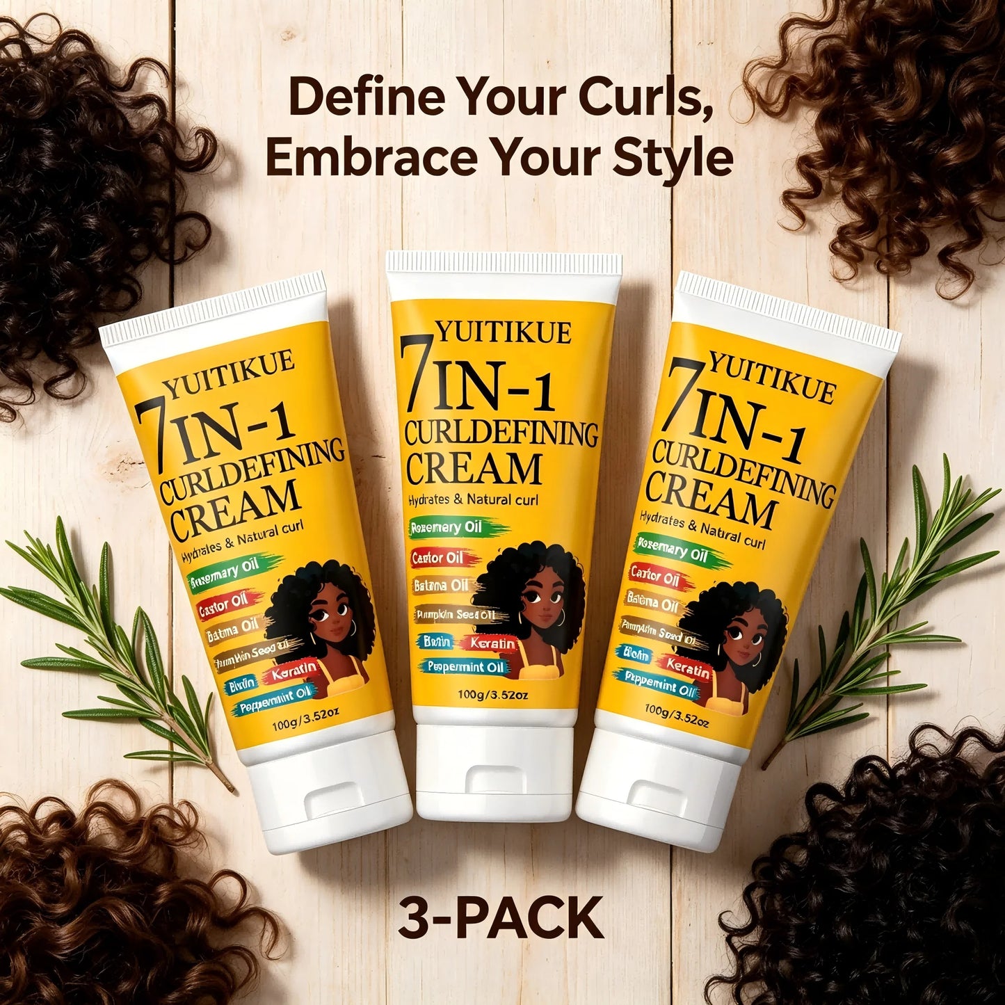 YUITIKUE 7-in-1 Curl Defining Cream with Rosemary Castor Batana Oil 100g Hydrates Natural Curl Hair Care Peaceful Pleasures Health and Wellness 3pc