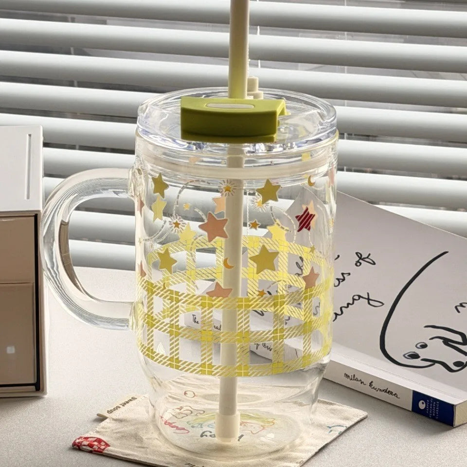 New 760ml Cartoon Printed Car Cup, High Borosilicate Glass Straw Cup with Handle, Double Drinking Car Office Casual Cup Peaceful Pleasures Health and Wellness Green