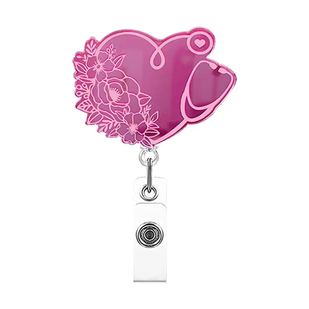 Pink Nurse Retractable Badge Reel Acrylic Skull Name Card Holder ID Card Clips 360 Rotating Alligator Clip Hospital Badge Holder Peaceful Pleasures Health and Wellness --E