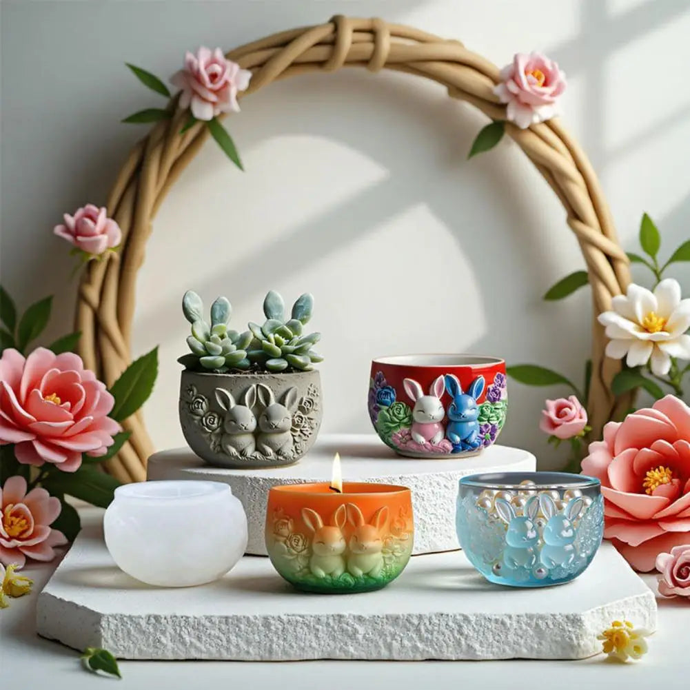 Rabbit Rose Silicone Mold | DIY Cement Resin Candle Holder Planter
