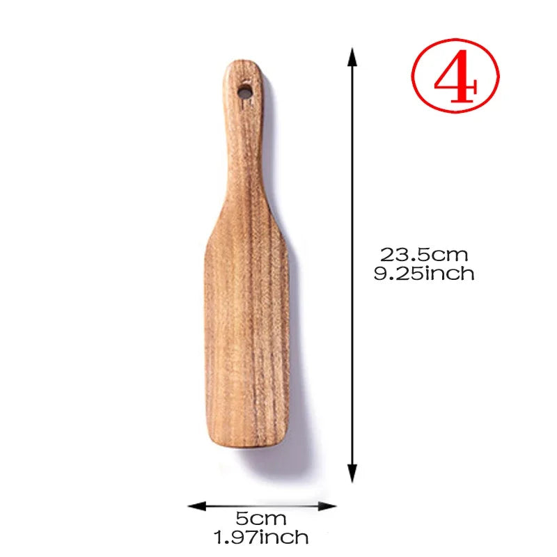 7pcs/set Teak Natural Wood Tableware Spoon Ladle Turner Rice Colander Soup Skimmer Cooking Spoon Scoop Kitchen Reusable Tool Kit Peaceful Pleasures Health and Wellness shovel 4