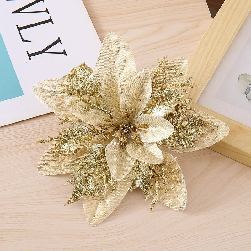 Glitter Artificial Christmas Flowers with Clips – Xmas Tree Decor