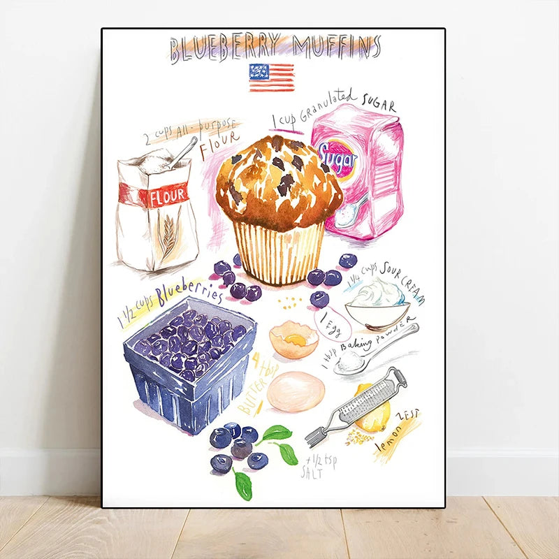 Cheese Cookie Pancake Recipe Illustration Watercolor Food Posters Canvas Printing Wall Art Picture for Kitchen Home Decor Gifts Peaceful Pleasures Health and Wellness