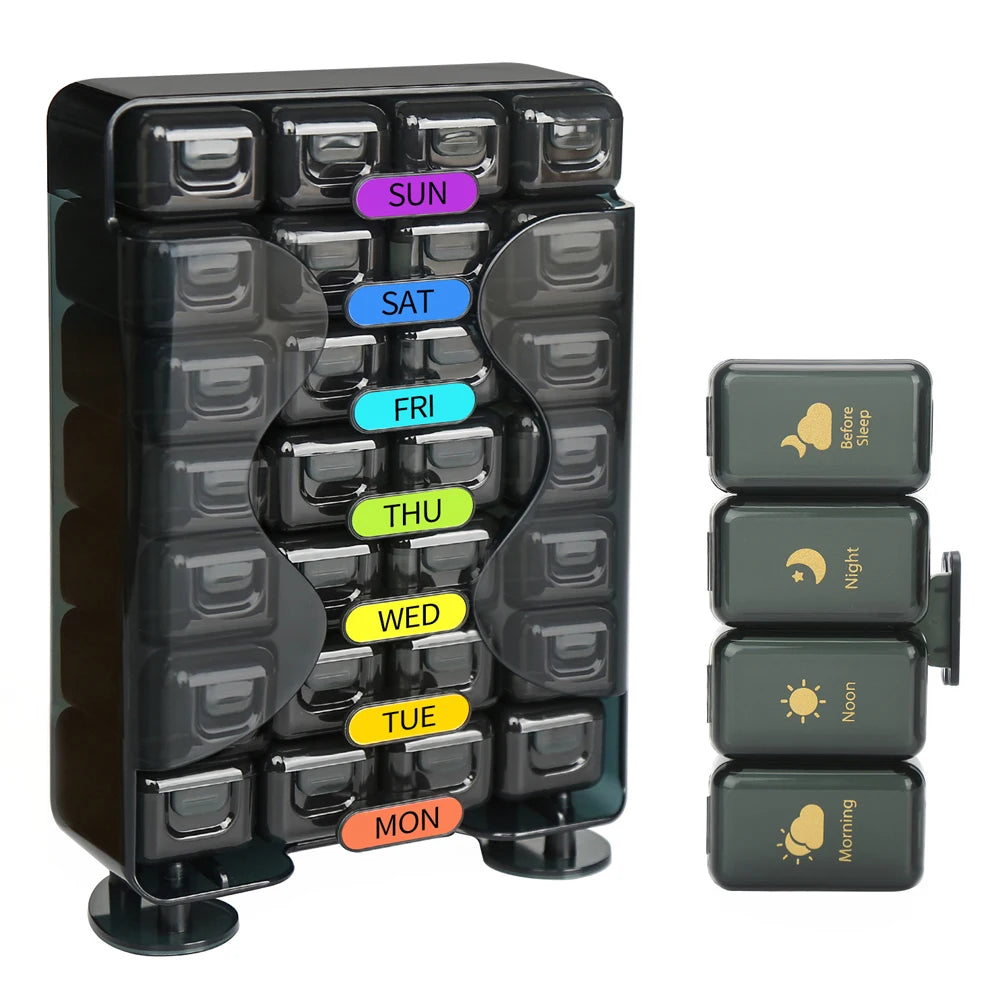 Weekly Pill Organizer 4 Times a Day Pill Organizer with Drawer Designed Large Pill Box Travel Pill Case 7 Day Medicine Case Box Peaceful Pleasures Health and Wellness Black