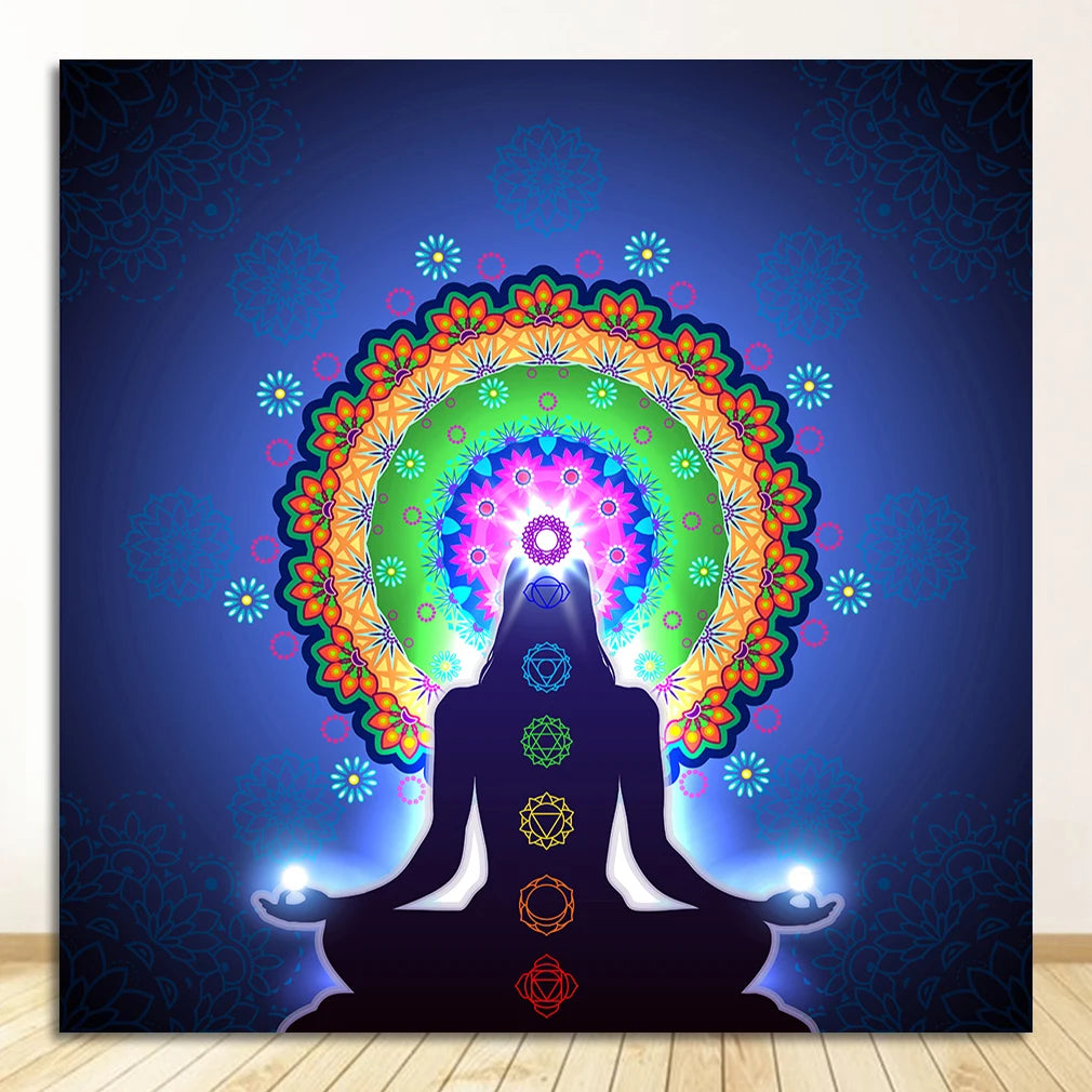 Buddha Statue Meditation 7 Chakra Mandala Psychedelic Yoga Boho Wall Art Paintings Décor Canvas Posters Prints Indian Peaceful Pleasures Health and Wellness 1629-02 50x70cm Unframed