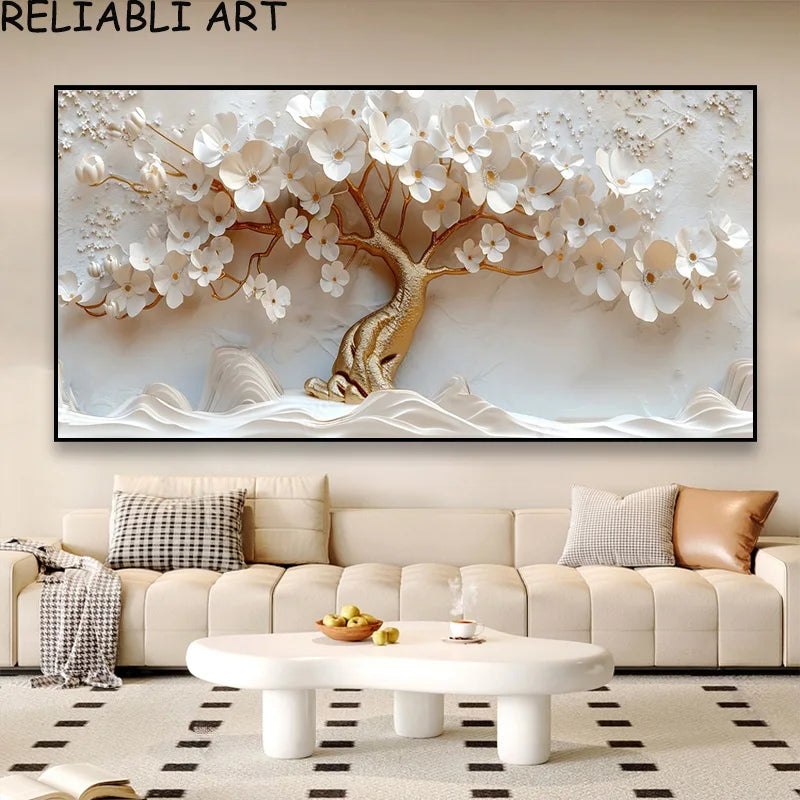3D Golden White Flower Tree Poster and Prints Light Luxury Canvas Painting Wall Art Pictures for Living Room Home Decor No Frame Peaceful Pleasures Health and Wellness