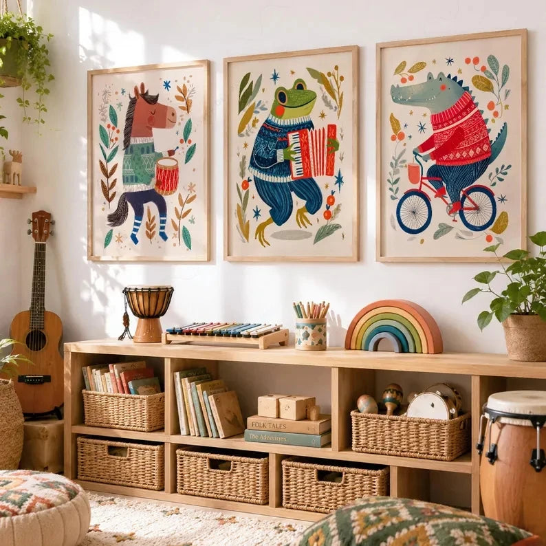3-Piece Music Theme Frog Horse Crocodile Canvas Wall Art Set