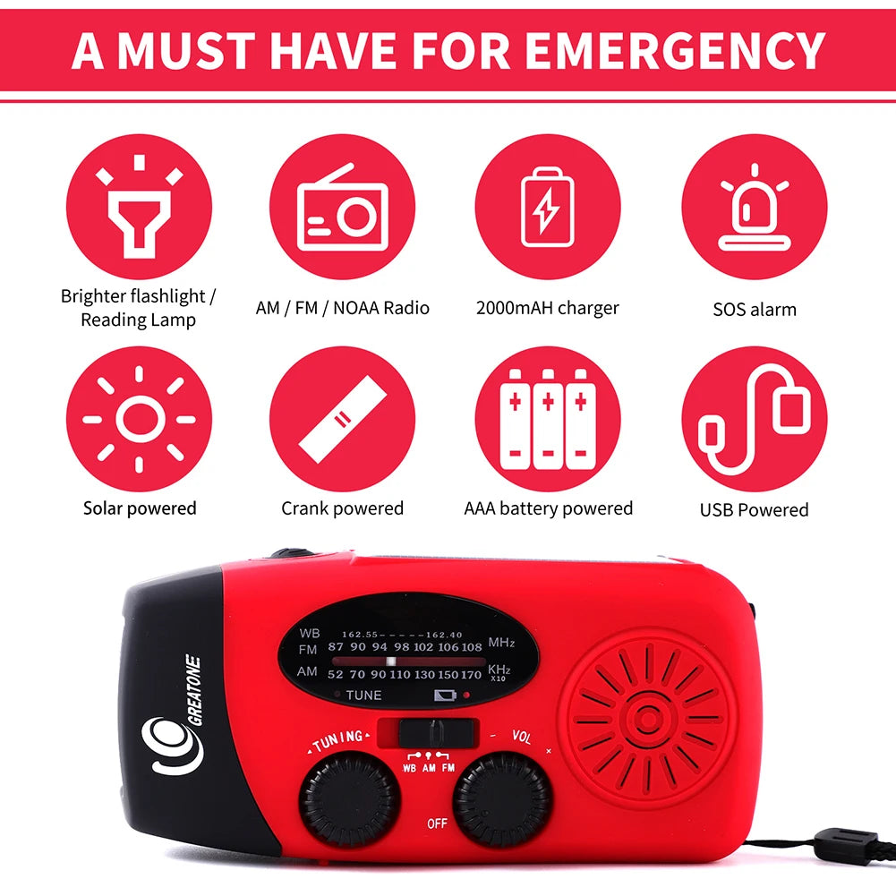 Portable Wind Up Fm Radio Portable Emergency Hand Crank Radio Multi Functional Solar Dynamo AM/FM/NOAA With USB Phone Charger Peaceful Pleasures Health and Wellness