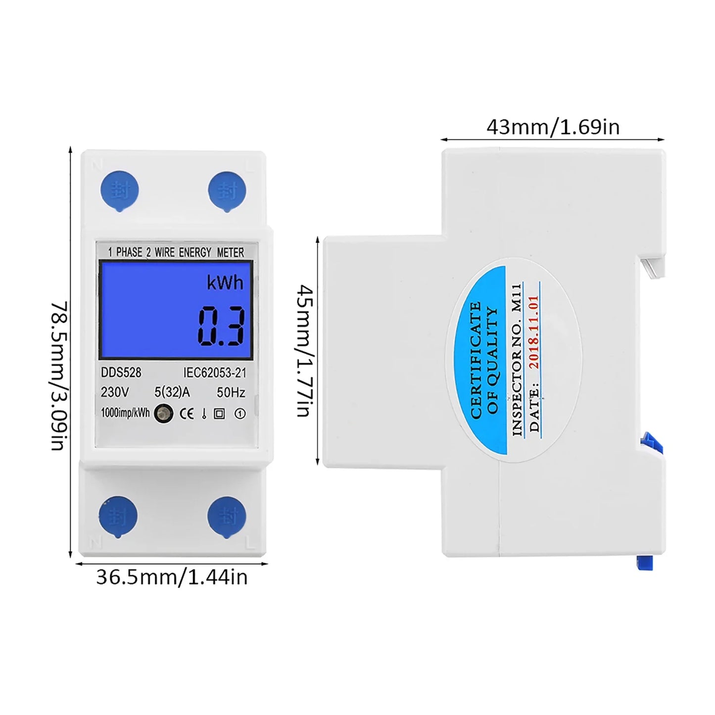 5 32A 230V 50Hz LCD Display Single Phase Energy KWh Meter DIN Rail