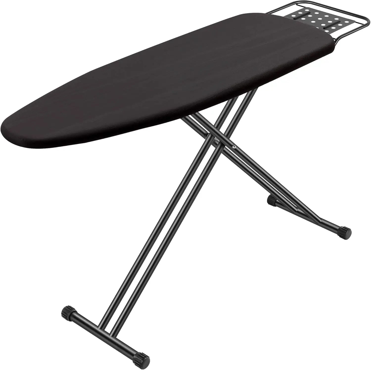 Black ironing board with metal legs on a white background