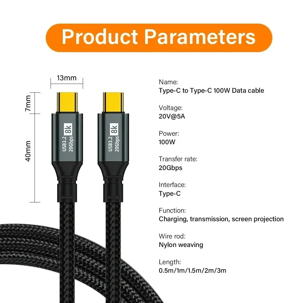 USB C Cable 8K 100W 20Gbps – iPhone 15 MacBook Samsung 2m/3m