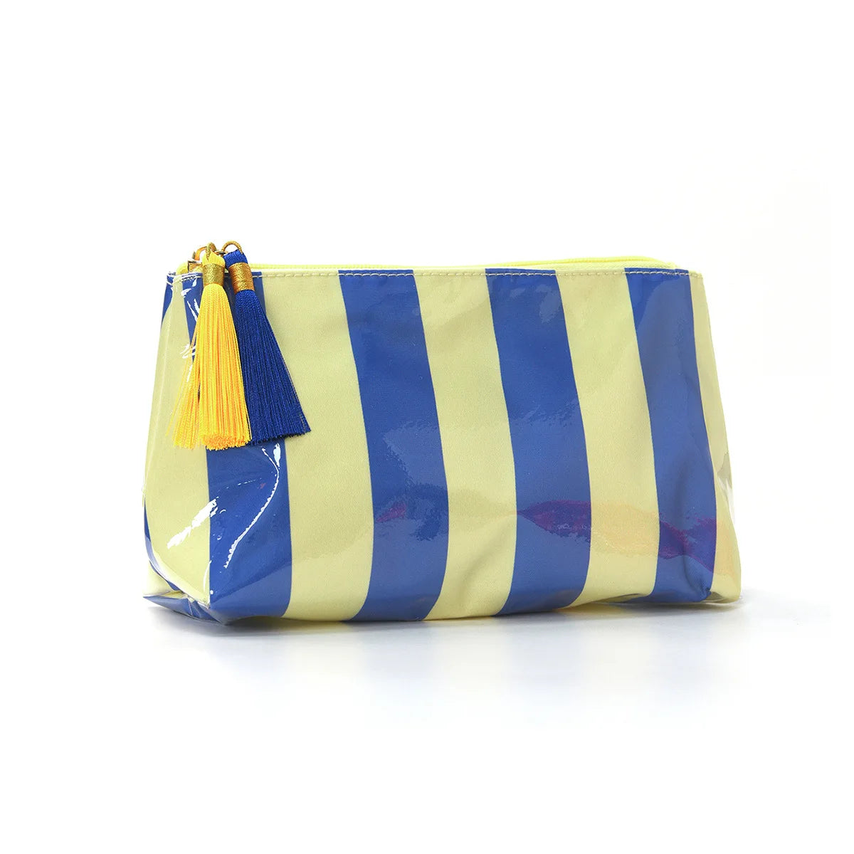 2026 New PVC Striped Cosmetic Bag Makeup Bag with Fringe and Zipper Waterproof Travel Toiletry Bag Makeup Brush Case Peaceful Pleasures Health and Wellness Yellow Blue