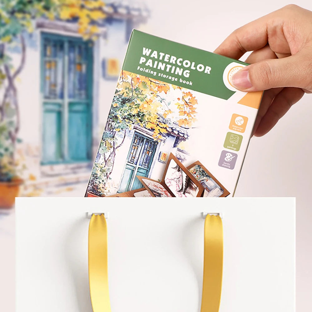 9 Sheets Watercolor Painting Thick Folding Storage Book Pen Holiday