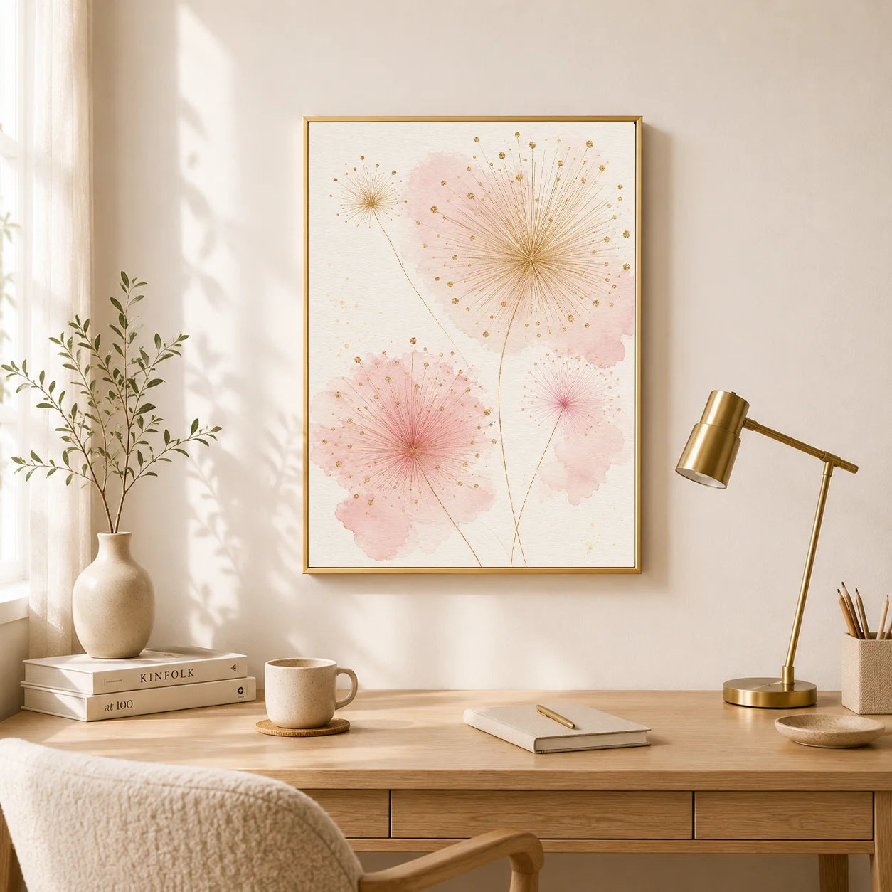 Nordic Dandelion Wall Art Pink Gold Floral Canvas Painting Botanical Poster Print Living Room Wall Decor Peaceful Pleasures Health and Wellness