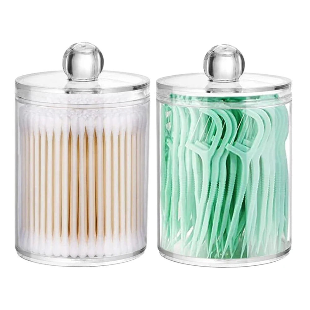Q-tip Holder Storage Canister with Lid – 2-Pack Clear Apothecary Jar Organizer for Cotton Balls, Swabs & Floss