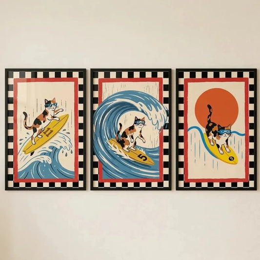 3-Piece Retro Japanese Wave Cat Surfing Canvas Wall Art Canvas Wall Art Peaceful Pleasures Health and Wellness G5337-3pcs 21x30cm Wood Framed
